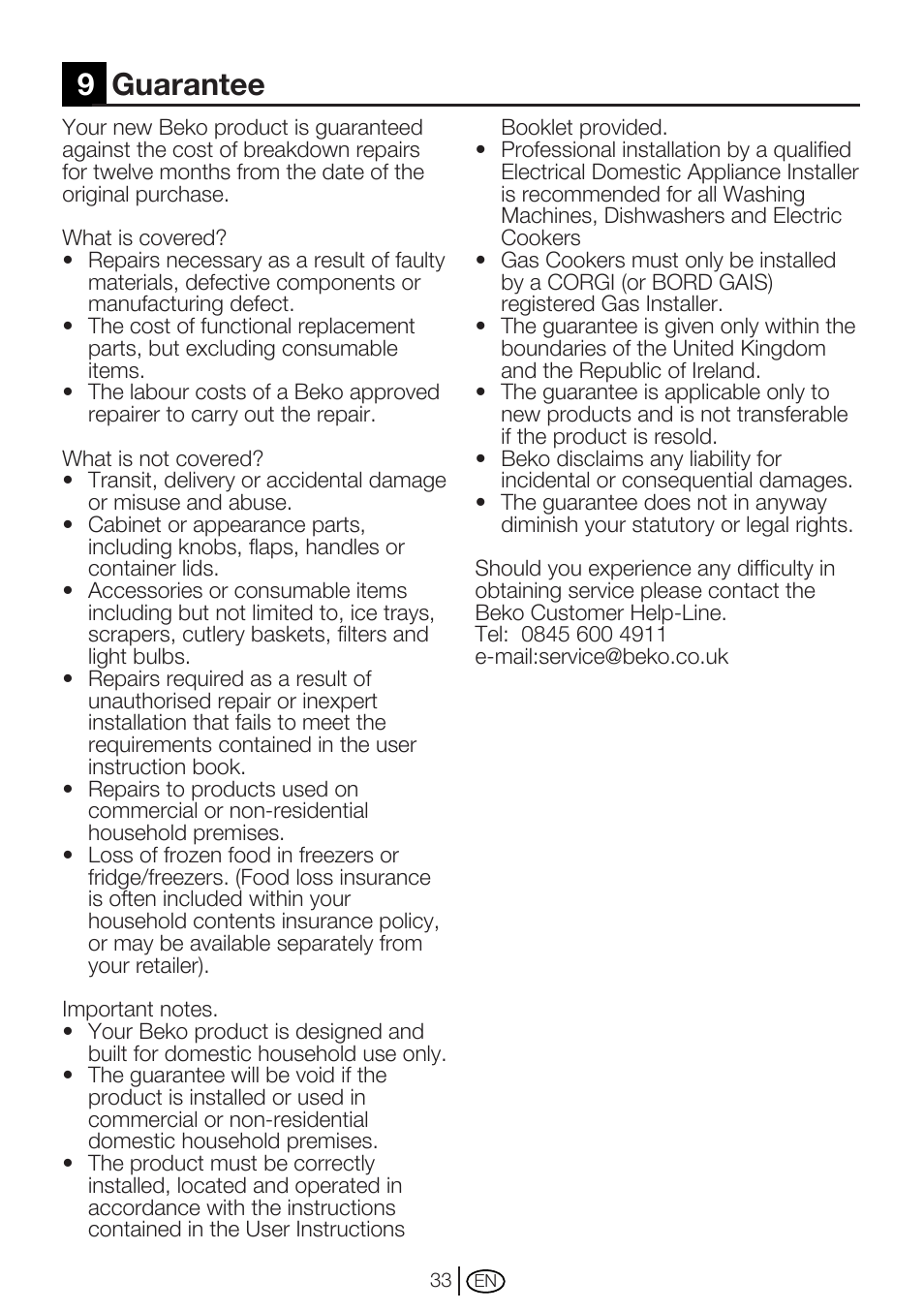9guarantee | Beko WM 6123 S User Manual | Page 33 / 36