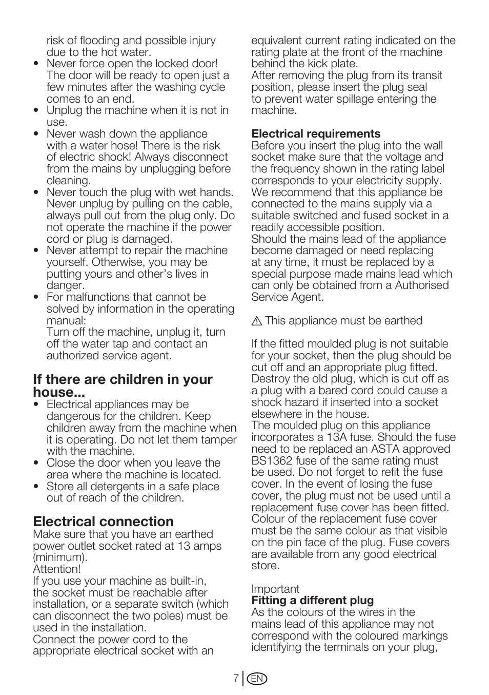 If there are children in your house, Electrical connection | Beko WM 6123 S User Manual | Page 7 / 36