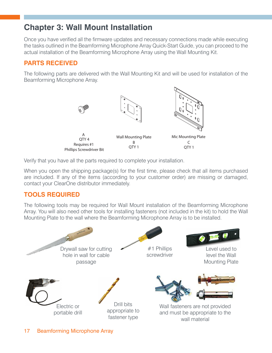 Chapter 3: wall mount installation, Parts received, Tools required | Parts received tools required | ClearOne Beamforming Microphone Array Installation Guide User Manual | Page 20 / 28