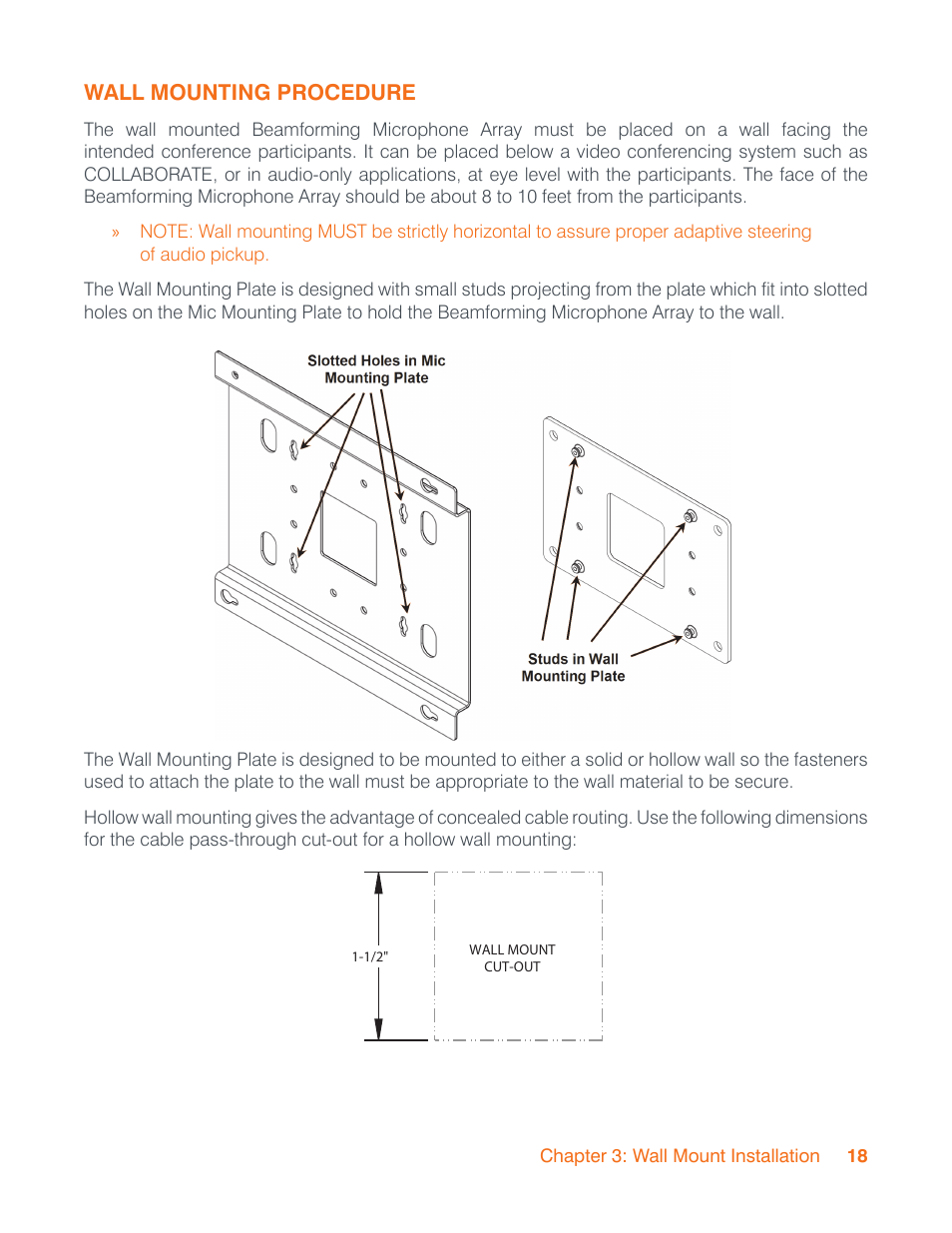 Wall mounting procedure | ClearOne Beamforming Microphone Array Installation Guide User Manual | Page 21 / 28