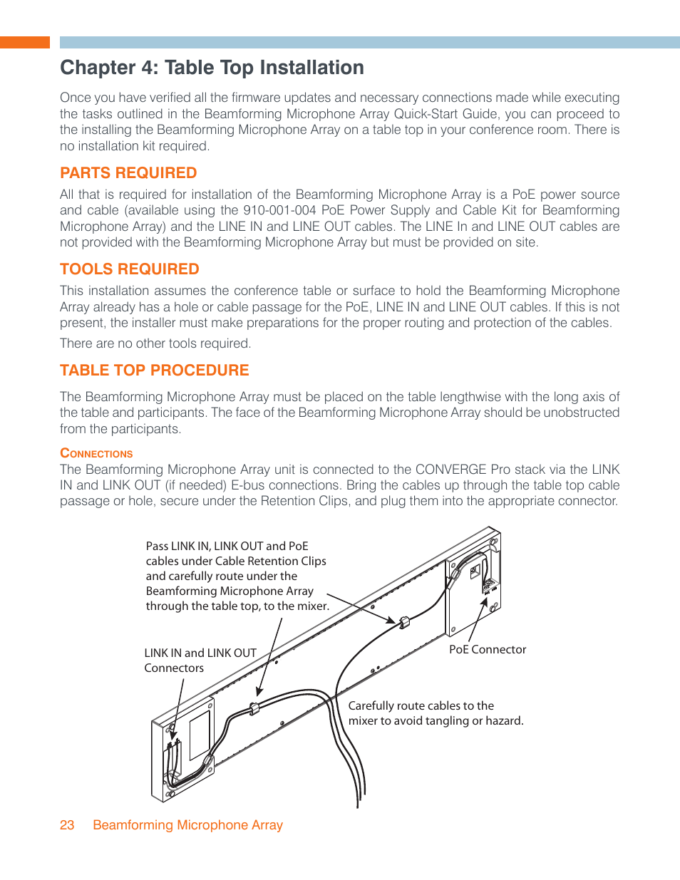 Chapter 4: table top installation, Parts required, Tools required | Table top procedure, Connections, Parts required tools required table top procedure | ClearOne Beamforming Microphone Array Installation Guide User Manual | Page 26 / 28