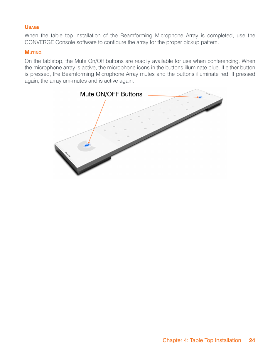 Usage, Muting, Usage muting | ClearOne Beamforming Microphone Array Installation Guide User Manual | Page 27 / 28