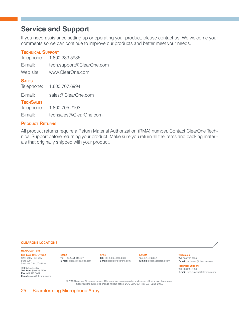 Service and support, 25 beamforming microphone array | ClearOne Beamforming Microphone Array Installation Guide User Manual | Page 28 / 28