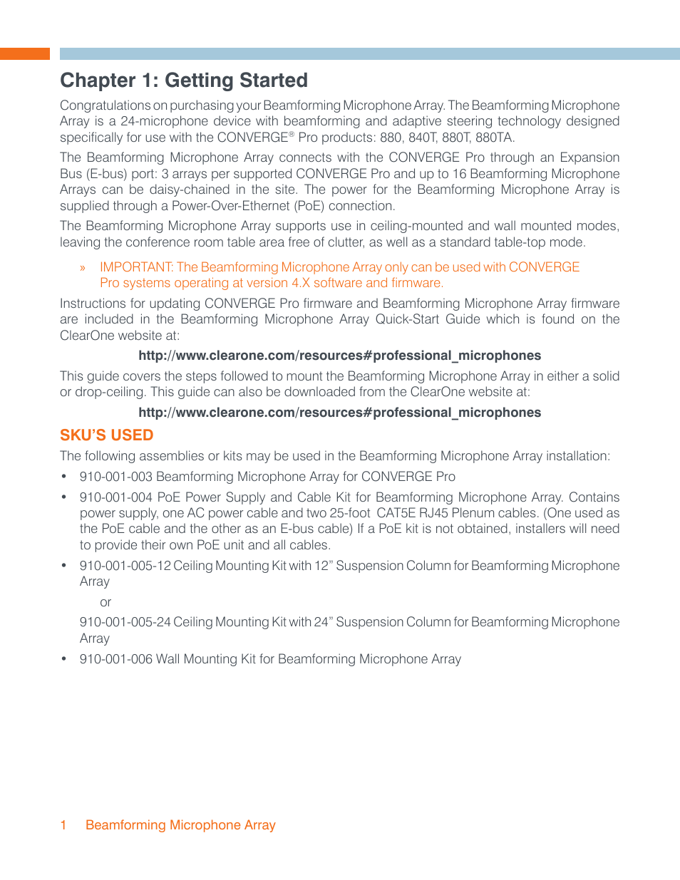 Chapter 1: getting started, Sku’s used | ClearOne Beamforming Microphone Array Installation Guide User Manual | Page 4 / 28