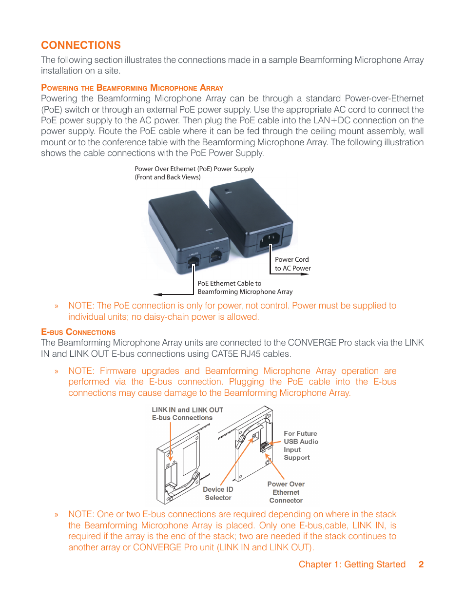 Connections, Powering the beamforming microphone array, E-bus connections | ClearOne Beamforming Microphone Array Installation Guide User Manual | Page 5 / 28