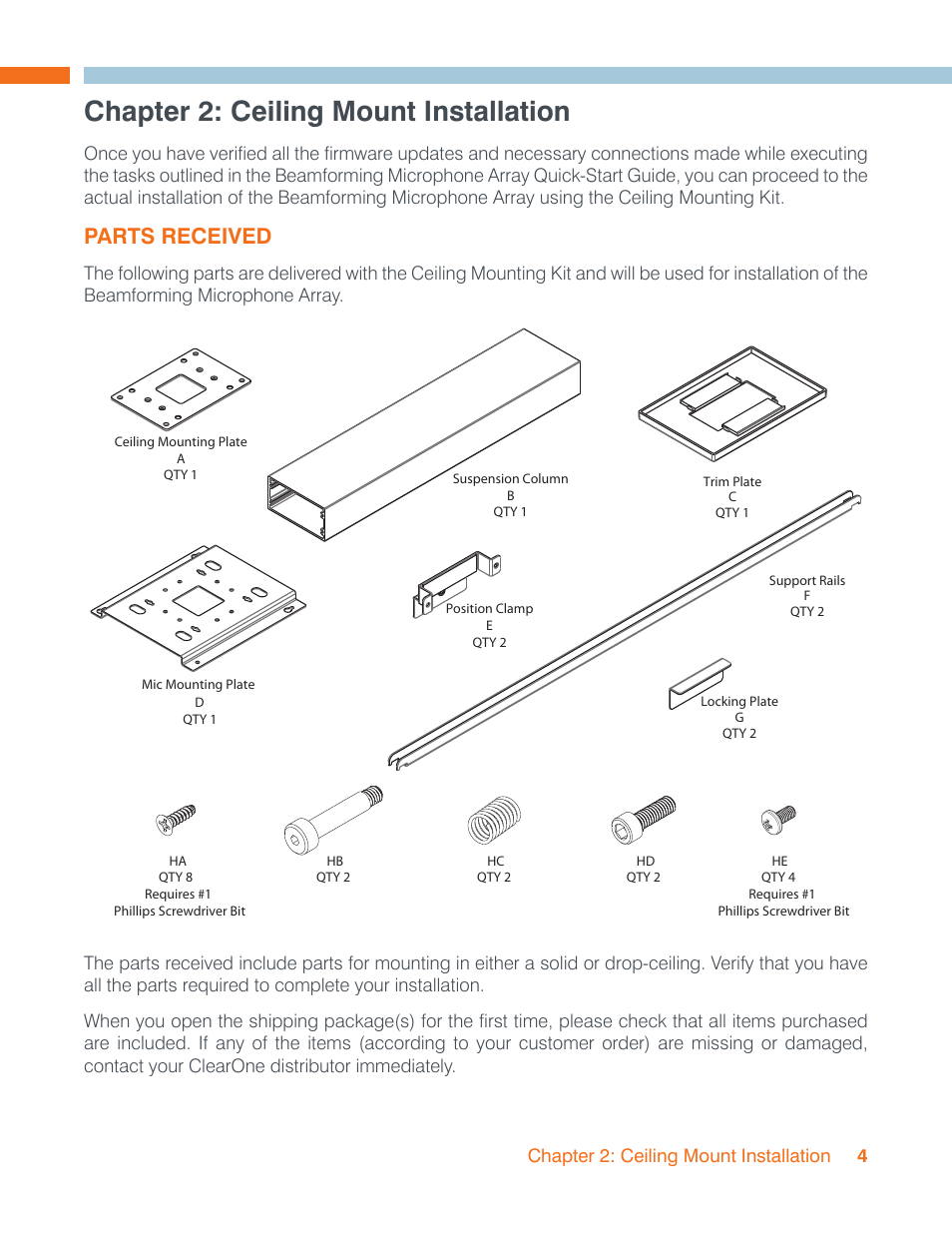 Chapter 2: ceiling mount installation, Parts received, Chapter 2: ceiling mount installation 4 | ClearOne Beamforming Microphone Array Installation Guide User Manual | Page 7 / 28