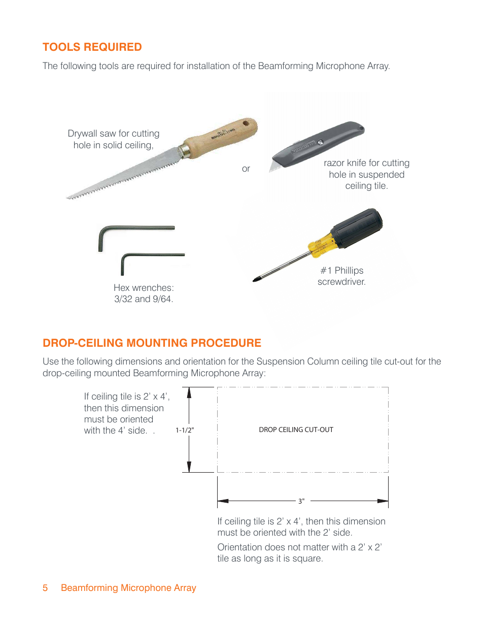 Tools required, Drop-ceiling mounting procedure, Tools required drop-ceiling mounting procedure | ClearOne Beamforming Microphone Array Installation Guide User Manual | Page 8 / 28