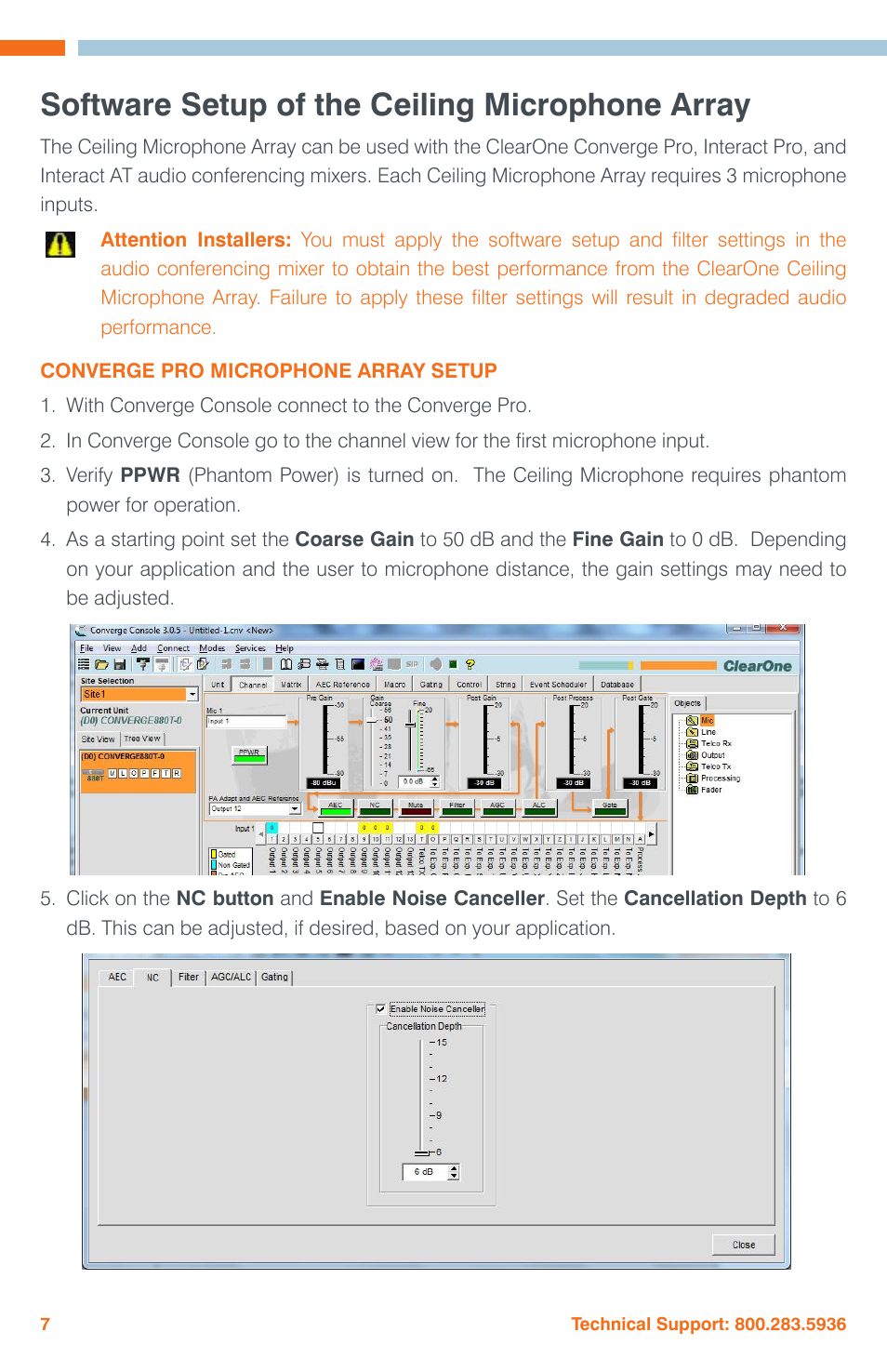 Software setup of the ceiling microphone array, Converge pro microphone array setup | ClearOne Ceiling Microphone Array User Manual | Page 10 / 20