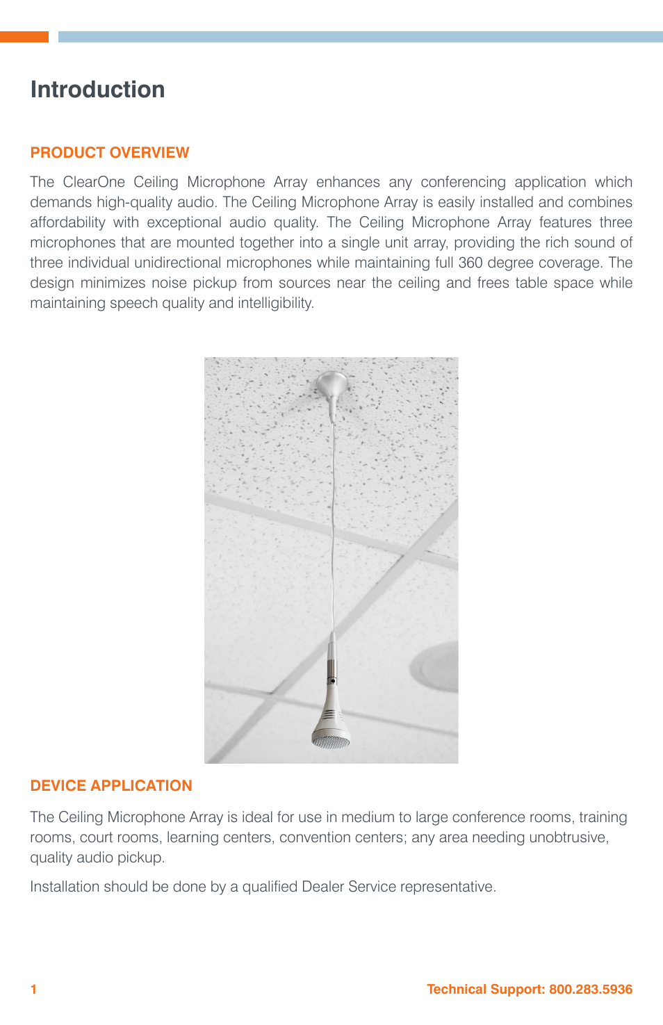 Introduction, Product overview, Device application | Product overview device application | ClearOne Ceiling Microphone Array User Manual | Page 4 / 20