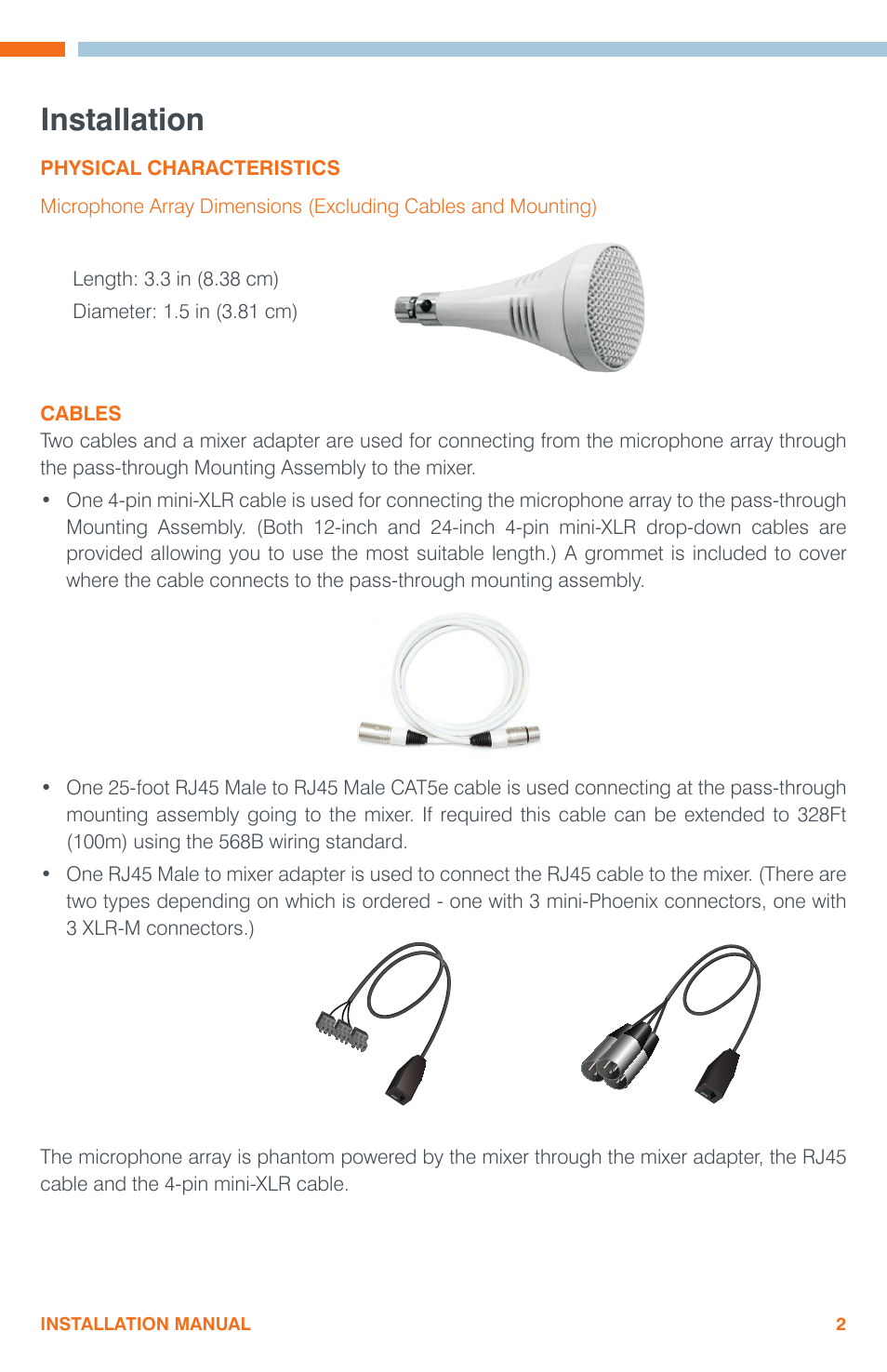 Installation, Physical characteristics, Cables | ClearOne Ceiling Microphone Array User Manual | Page 5 / 20