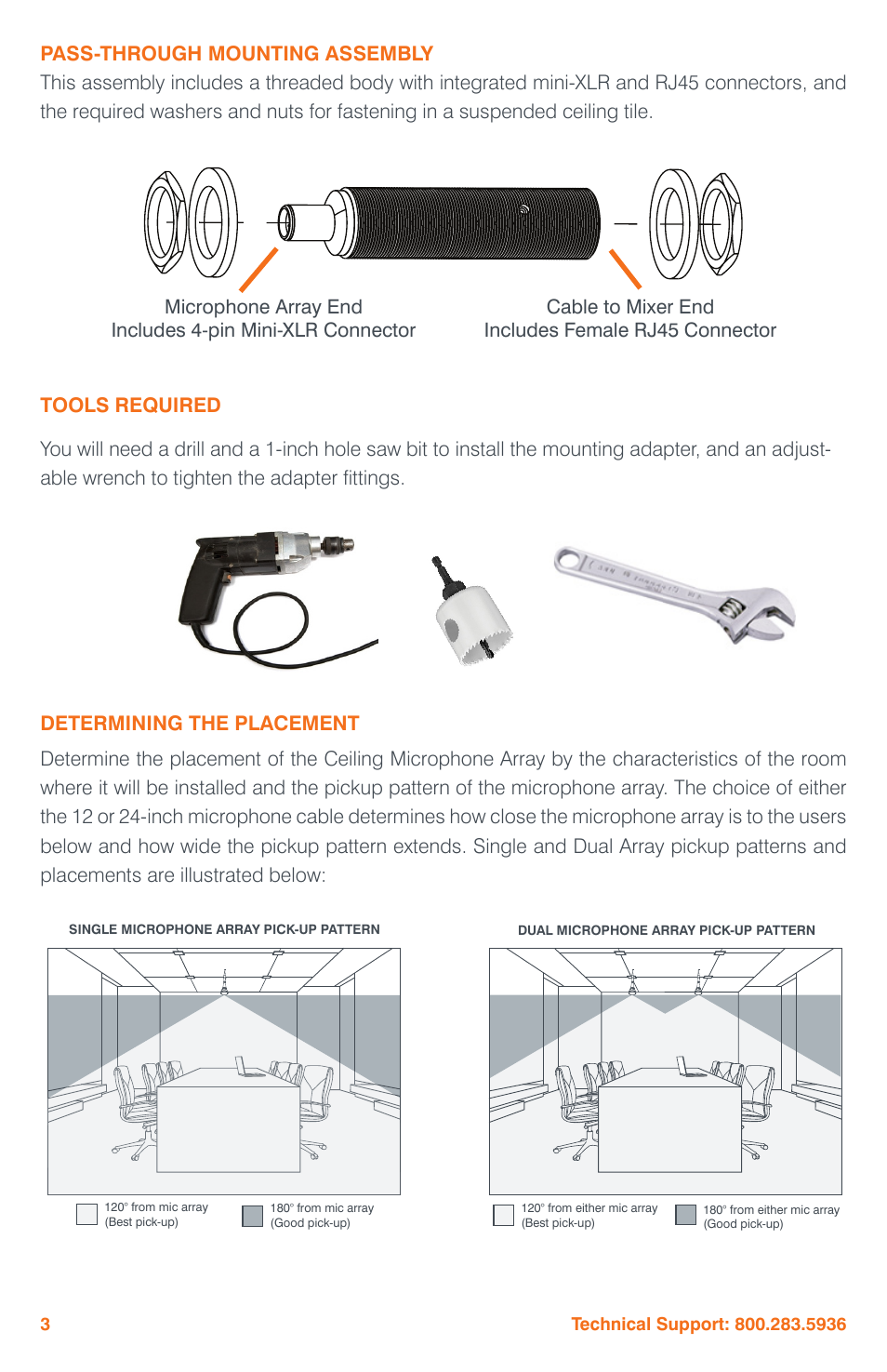 Pass-through mounting assembly, Tools required, Determining the placement | ClearOne Ceiling Microphone Array User Manual | Page 6 / 20