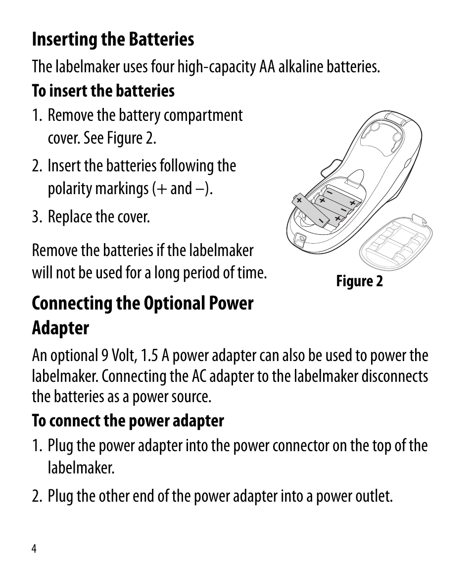 Inserting the batteries, Connecting the optional power adapter | Dymo LetraTag LT-100H User Manual | Page 3 / 19
