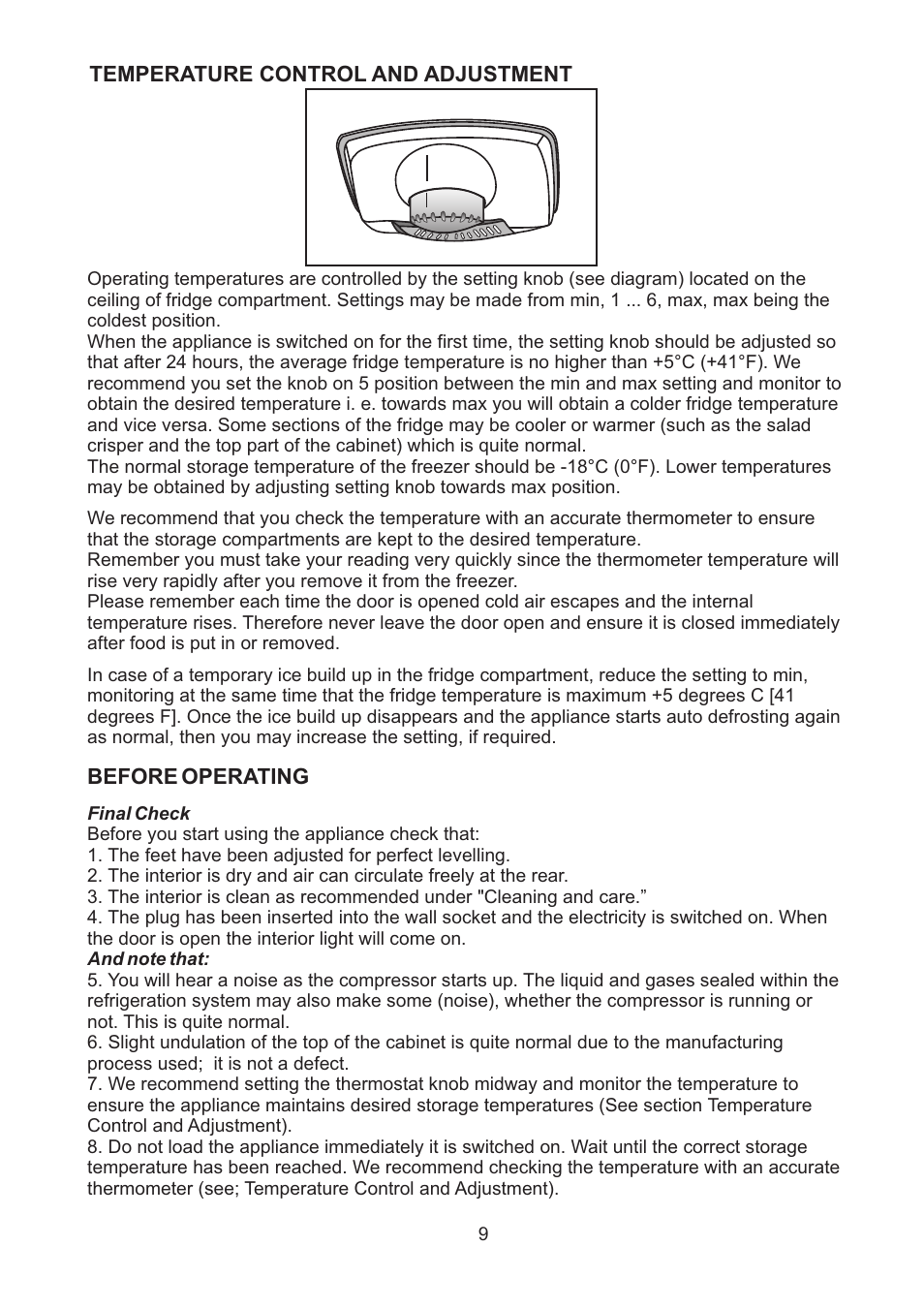 Temperature control and adjustment, Before operating | Beko CDA 664 F User Manual | Page 10 / 18