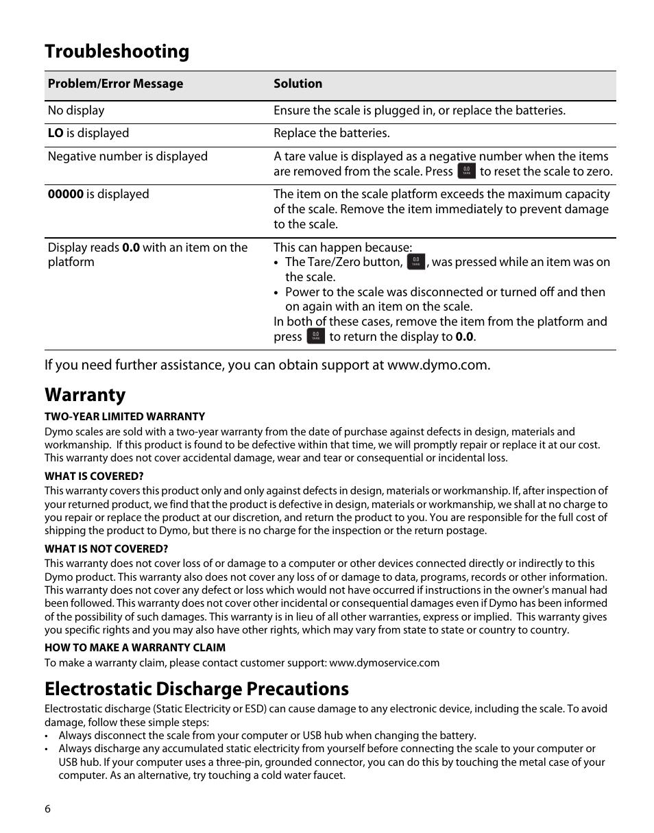 Troubleshooting, Warranty, Electrostatic discharge precautions | Dymo S50 User Manual | Page 10 / 134