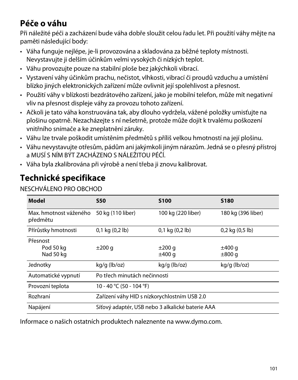 Péče o váhu, Technické specifikace | Dymo S50 User Manual | Page 105 / 134