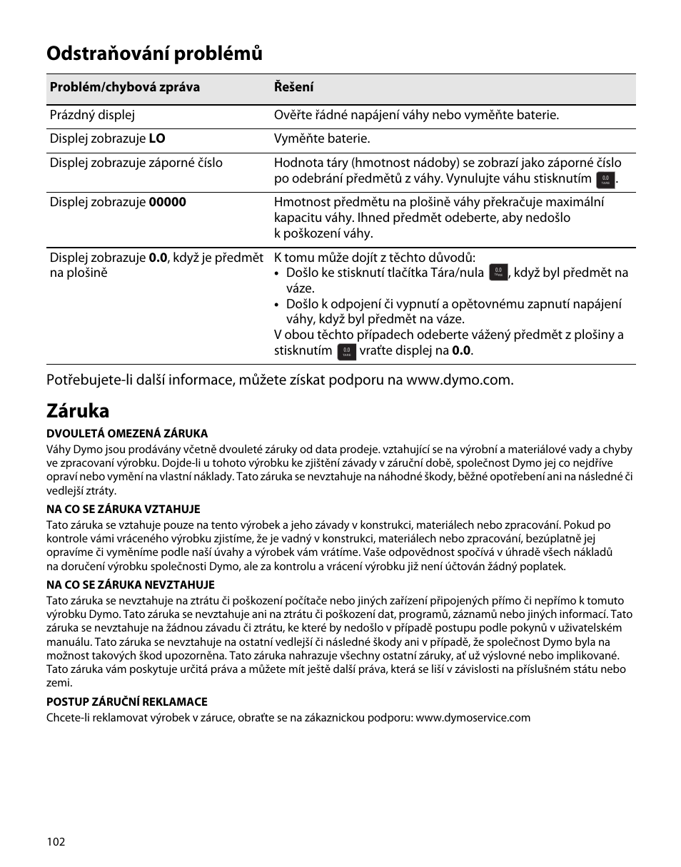 Odstraňování problémů, Záruka | Dymo S50 User Manual | Page 106 / 134