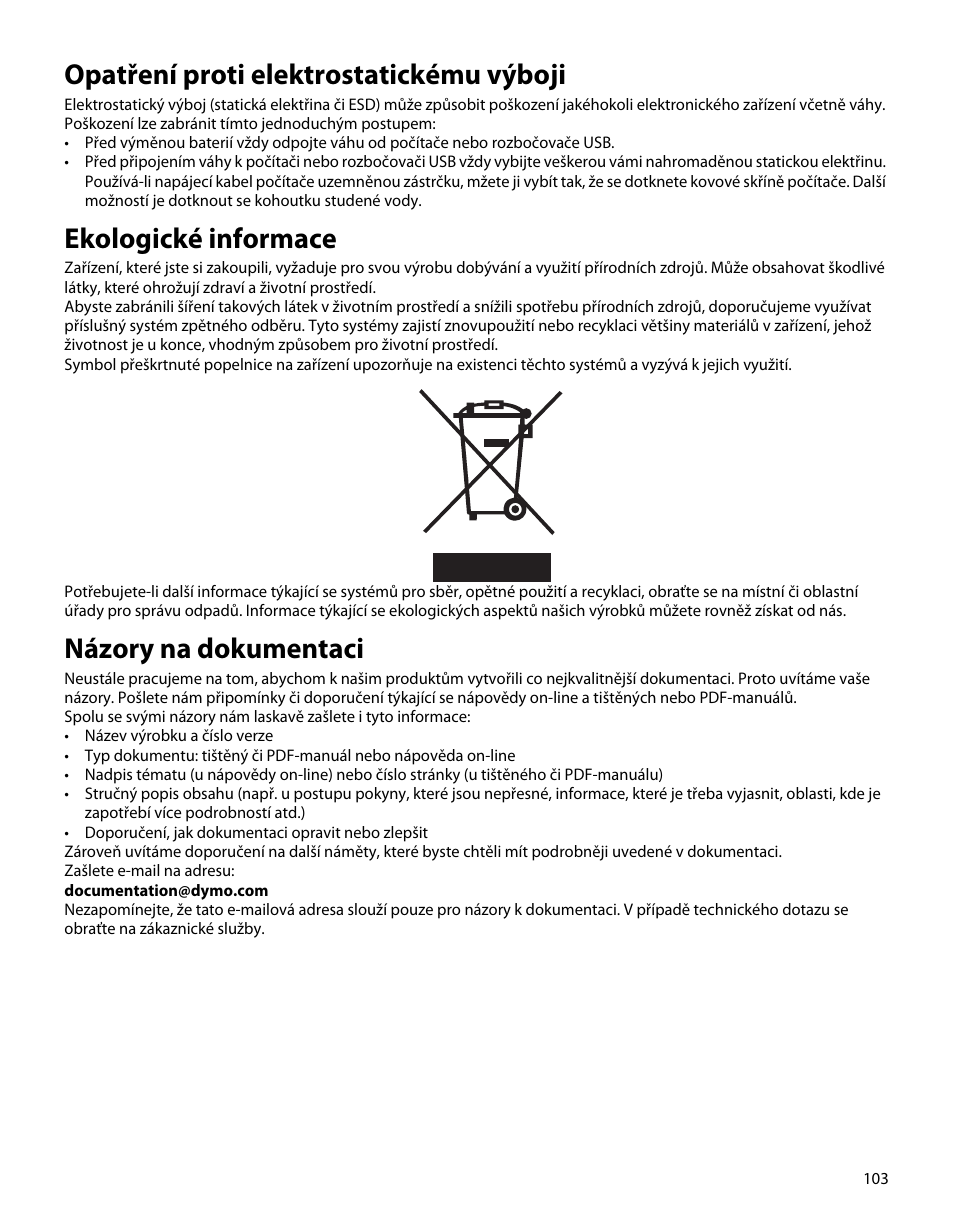 Opatření proti elektrostatickému výboji, Ekologické informace, Názory na dokumentaci | Dymo S50 User Manual | Page 107 / 134