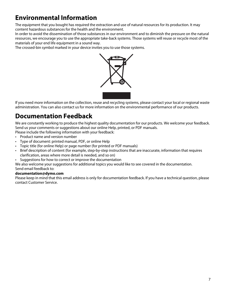 Environmental information, Documentation feedback | Dymo S50 User Manual | Page 11 / 134