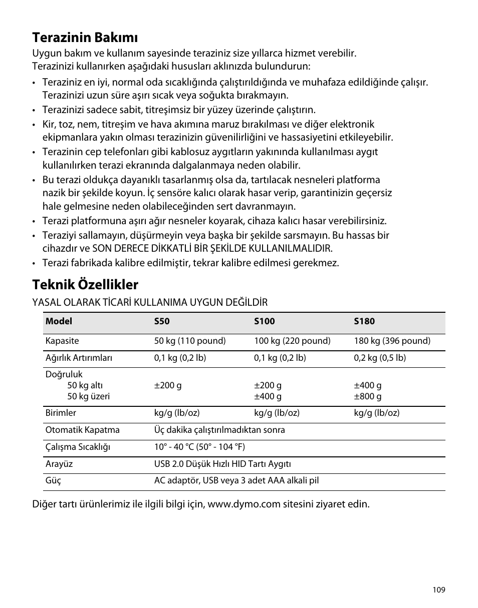 Terazinin bakımı, Teknik özellikler | Dymo S50 User Manual | Page 113 / 134