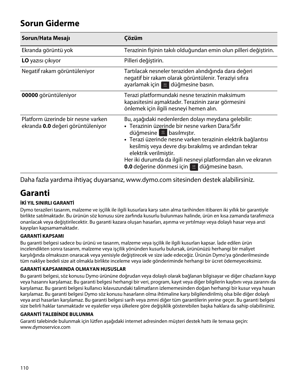 Sorun giderme, Garanti | Dymo S50 User Manual | Page 114 / 134