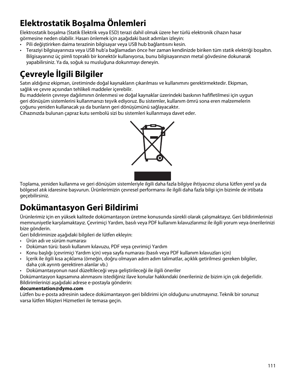 Elektrostatik boşalma önlemleri, Çevreyle ilgili bilgiler, Dokümantasyon geri bildirimi | Dymo S50 User Manual | Page 115 / 134