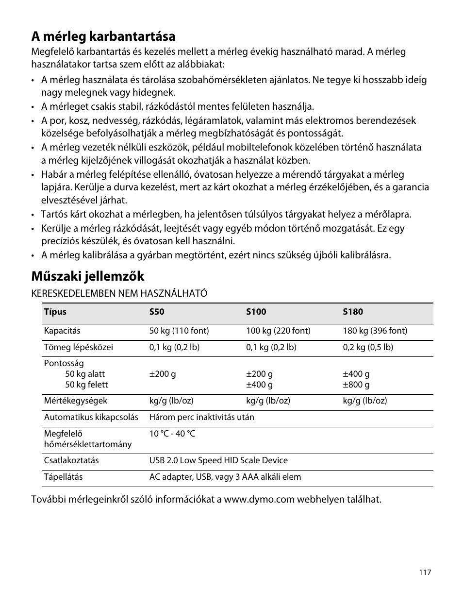 A mérleg karbantartása, Műszaki jellemzők | Dymo S50 User Manual | Page 121 / 134