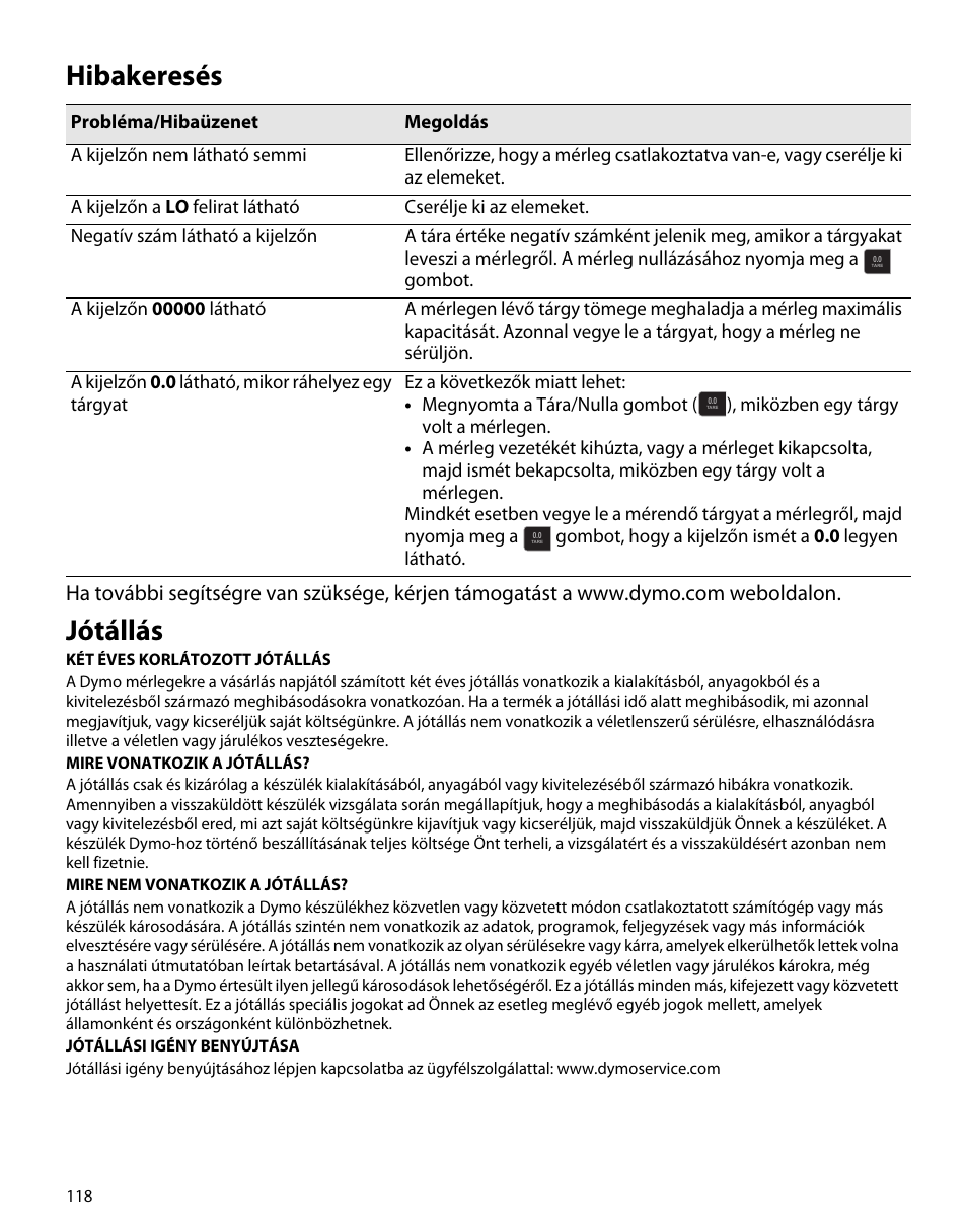 Hibakeresés, Jótállás | Dymo S50 User Manual | Page 122 / 134