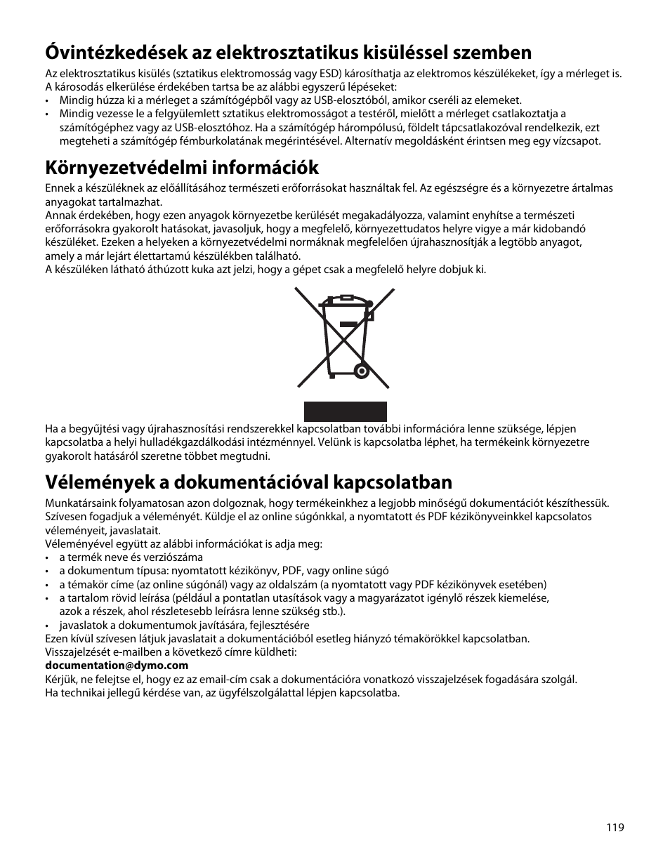 Környezetvédelmi információk, Vélemények a dokumentációval kapcsolatban | Dymo S50 User Manual | Page 123 / 134