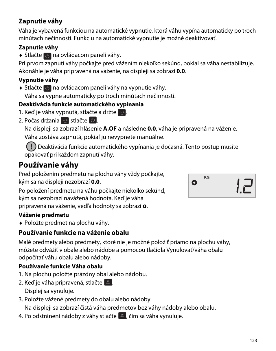 Zapnutie váhy, Používanie váhy, Používanie funkcie na váženie obalu | Dymo S50 User Manual | Page 127 / 134