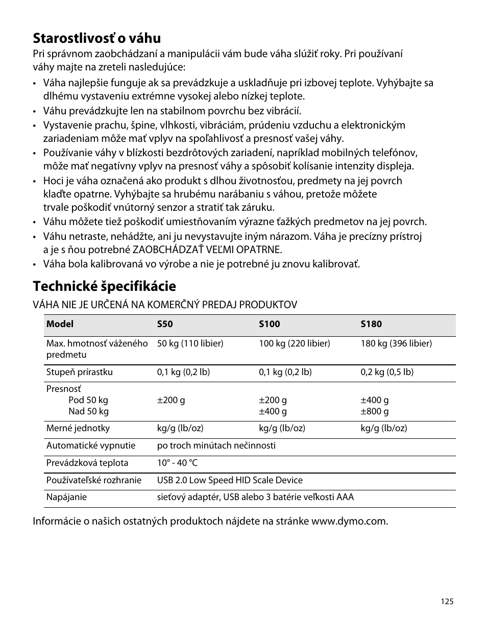 Starostlivosť o váhu, Technické špecifikácie | Dymo S50 User Manual | Page 129 / 134