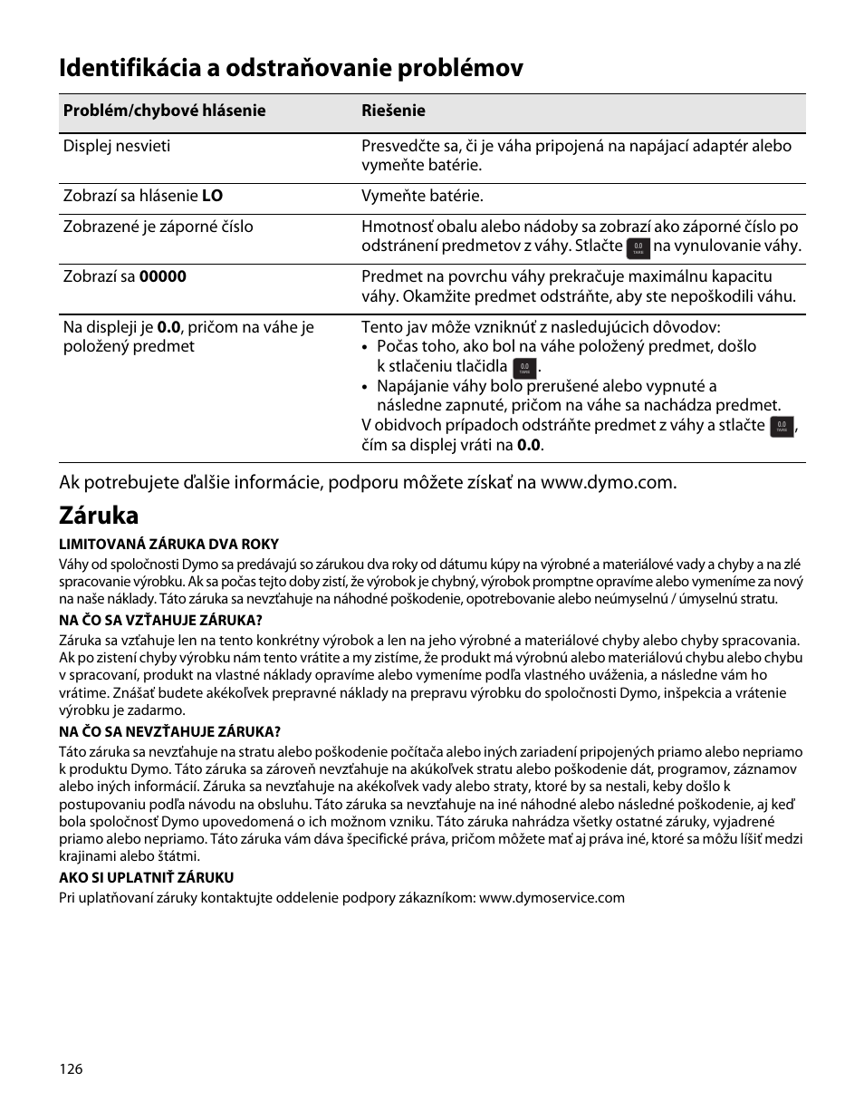 Identifikácia a odstraňovanie problémov, Záruka | Dymo S50 User Manual | Page 130 / 134