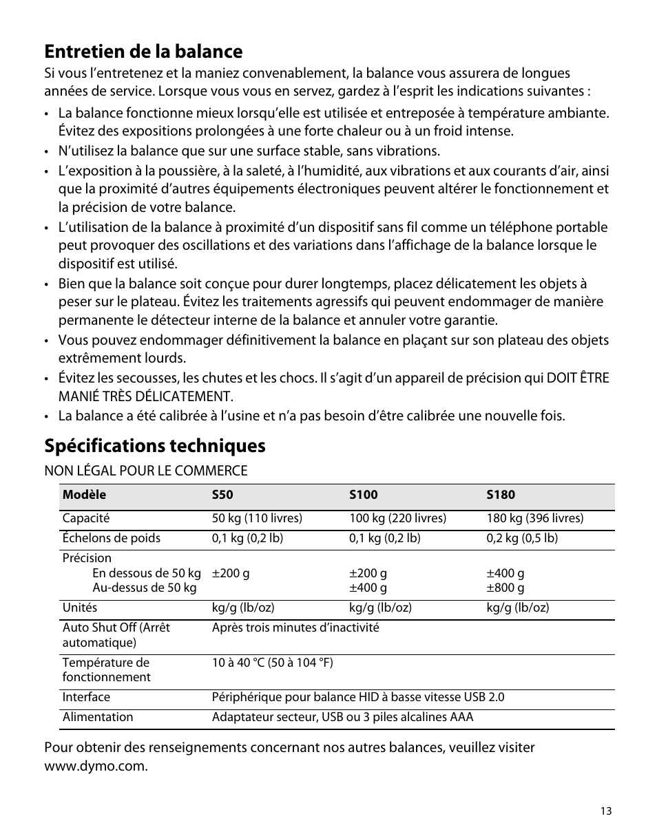 Entretien de la balance, Spécifications techniques | Dymo S50 User Manual | Page 17 / 134