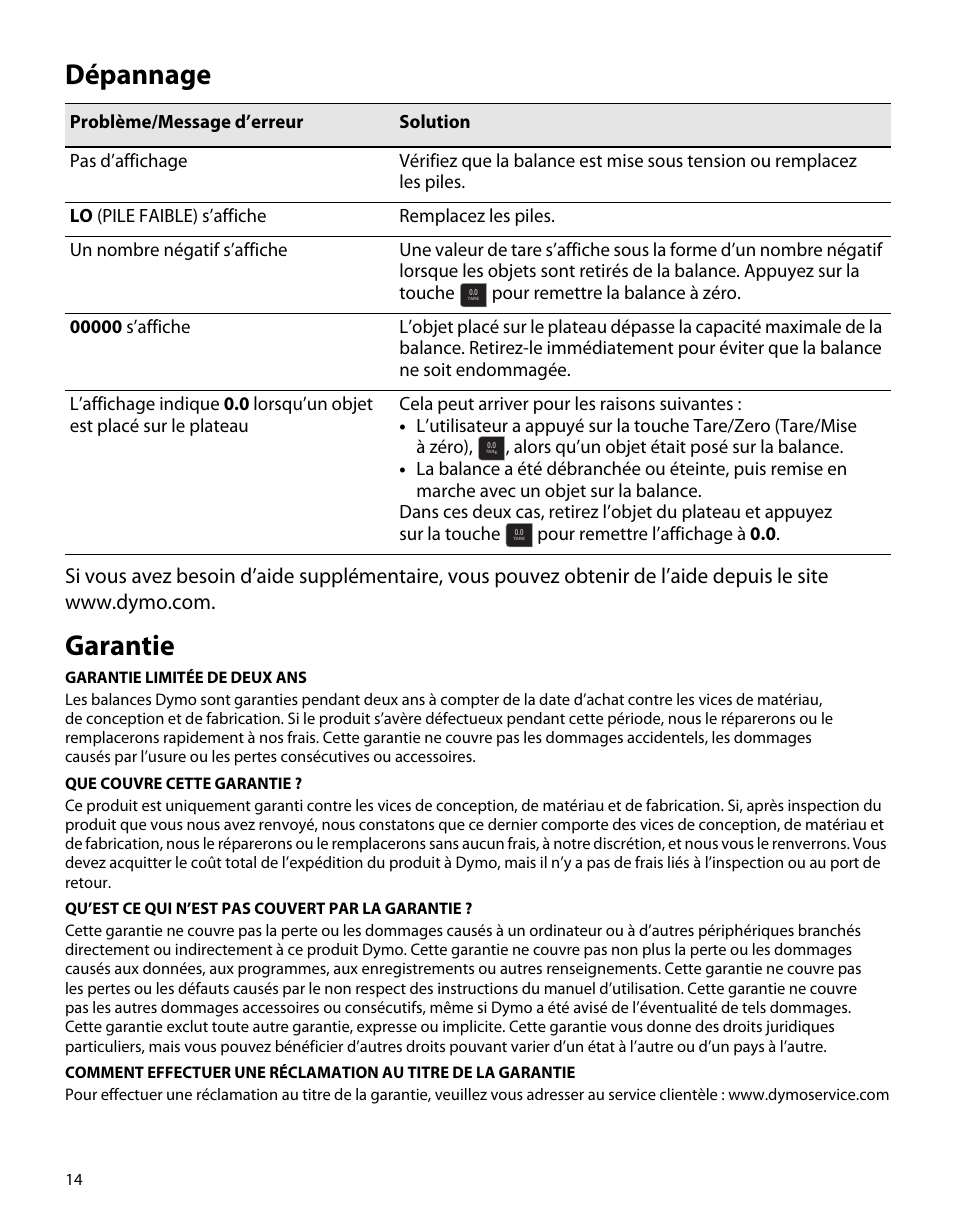 Dépannage, Garantie | Dymo S50 User Manual | Page 18 / 134