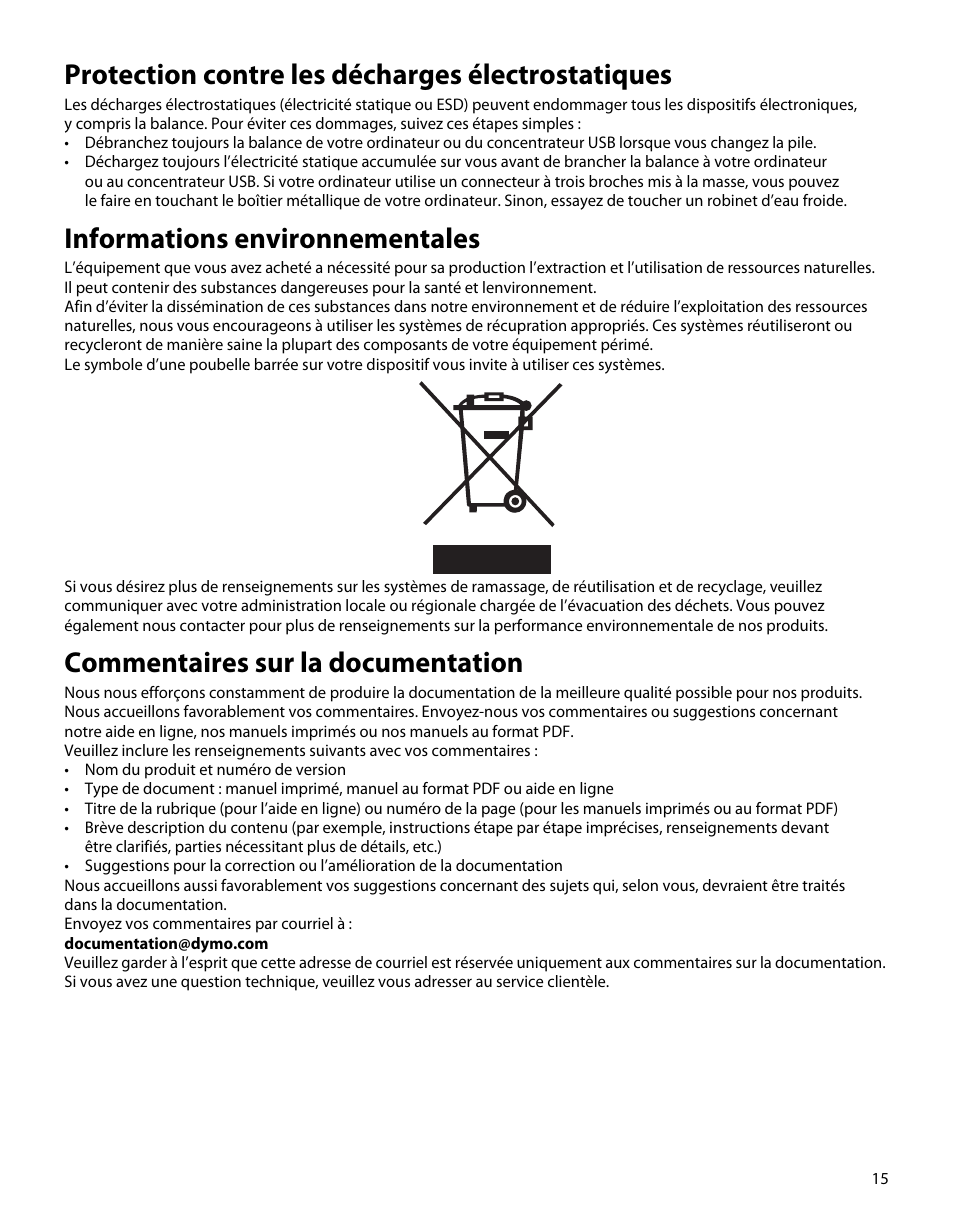 Protection contre les décharges électrostatiques, Informations environnementales, Commentaires sur la documentation | Dymo S50 User Manual | Page 19 / 134