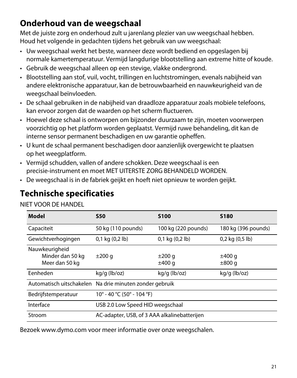 Onderhoud van de weegschaal, Technische specificaties | Dymo S50 User Manual | Page 25 / 134