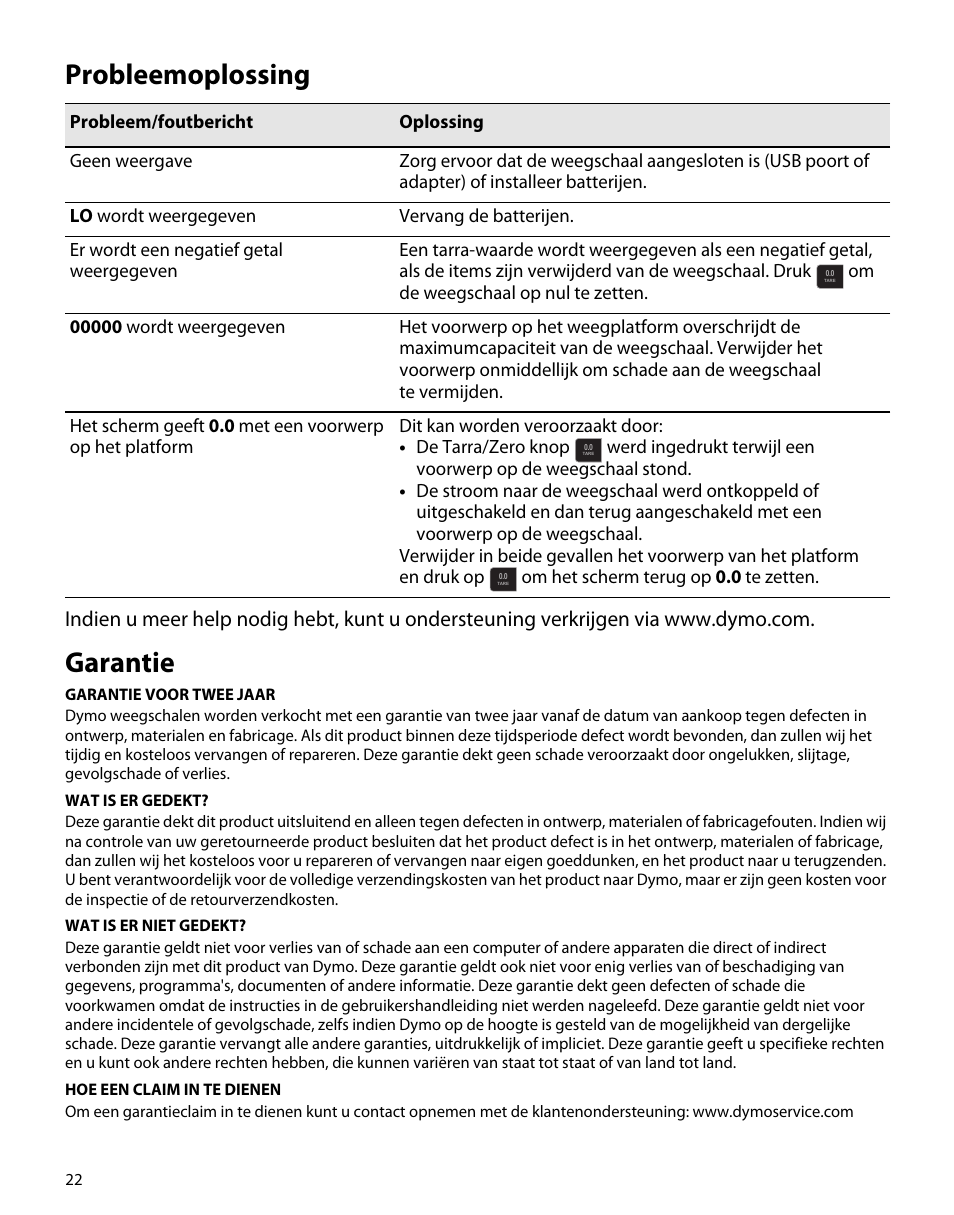 Probleemoplossing, Garantie | Dymo S50 User Manual | Page 26 / 134