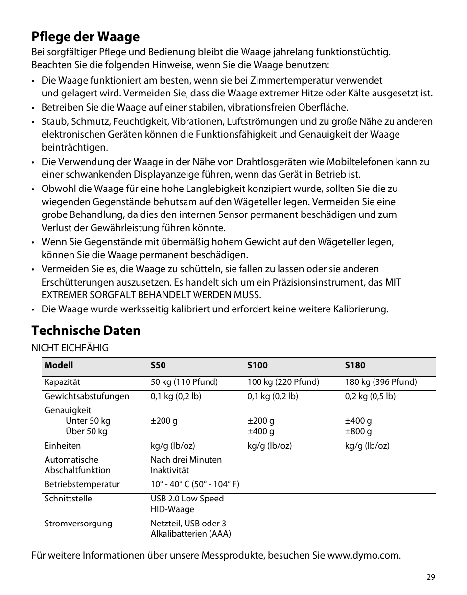 Pflege der waage, Technische daten | Dymo S50 User Manual | Page 33 / 134