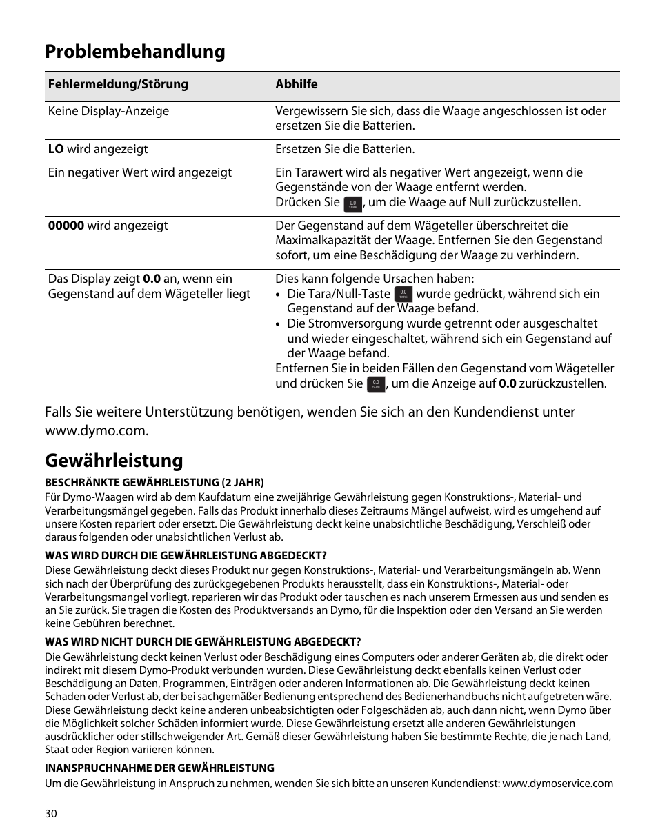 Problembehandlung, Gewährleistung | Dymo S50 User Manual | Page 34 / 134