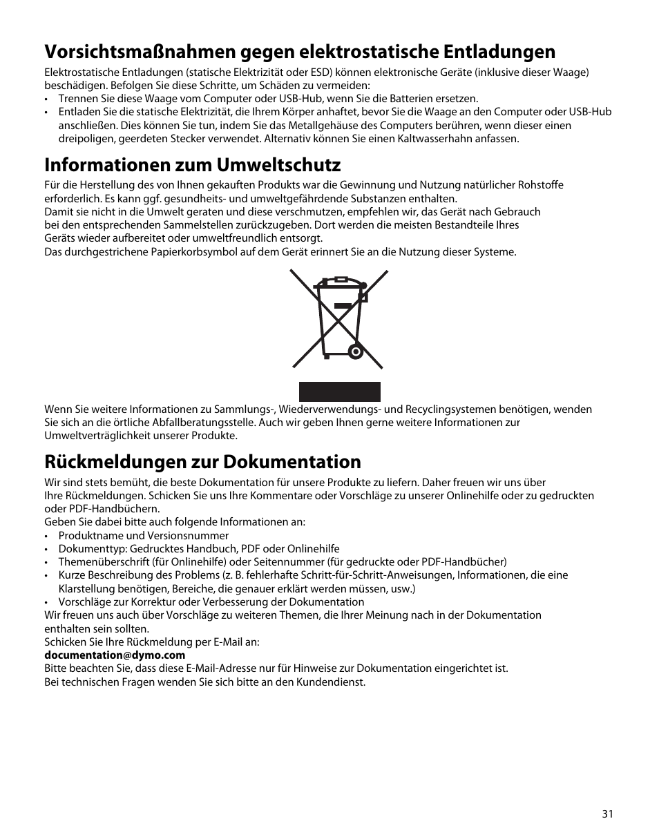 Informationen zum umweltschutz, Rückmeldungen zur dokumentation | Dymo S50 User Manual | Page 35 / 134