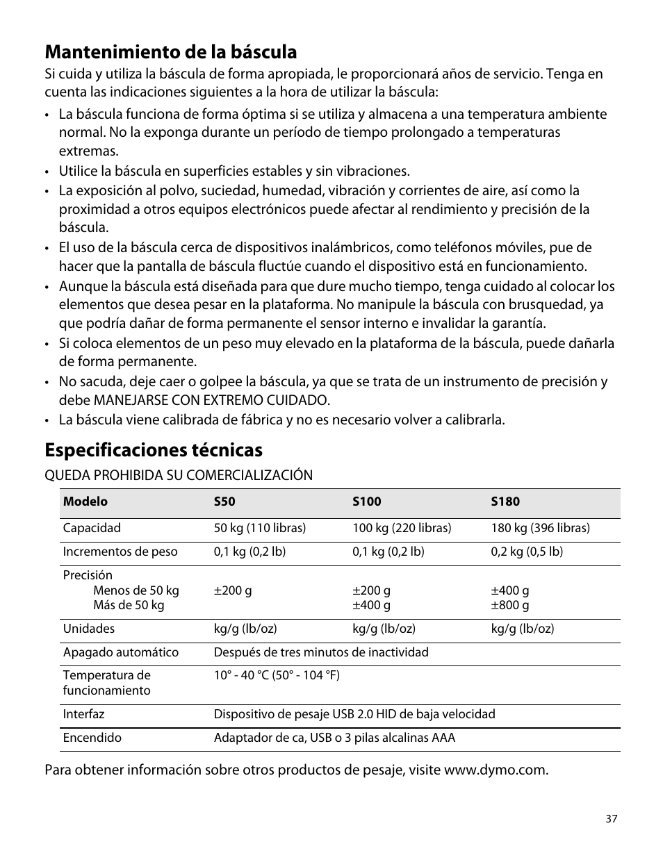 Mantenimiento de la báscula, Especificaciones técnicas | Dymo S50 User Manual | Page 41 / 134