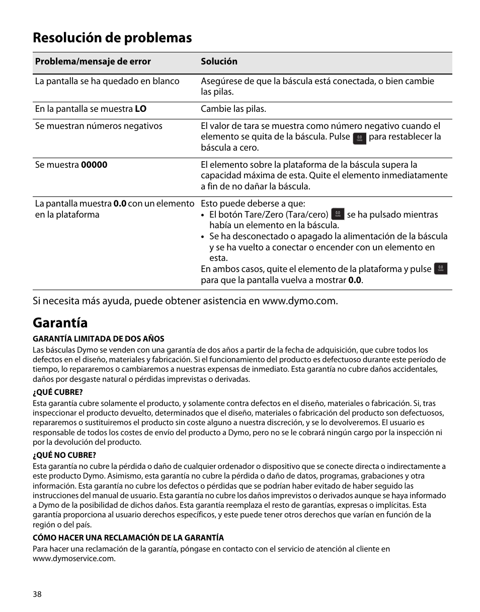 Resolución de problemas, Garantía | Dymo S50 User Manual | Page 42 / 134