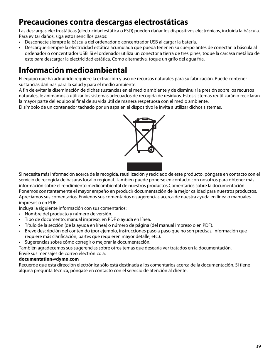 Precauciones contra descargas electrostáticas, Información medioambiental | Dymo S50 User Manual | Page 43 / 134