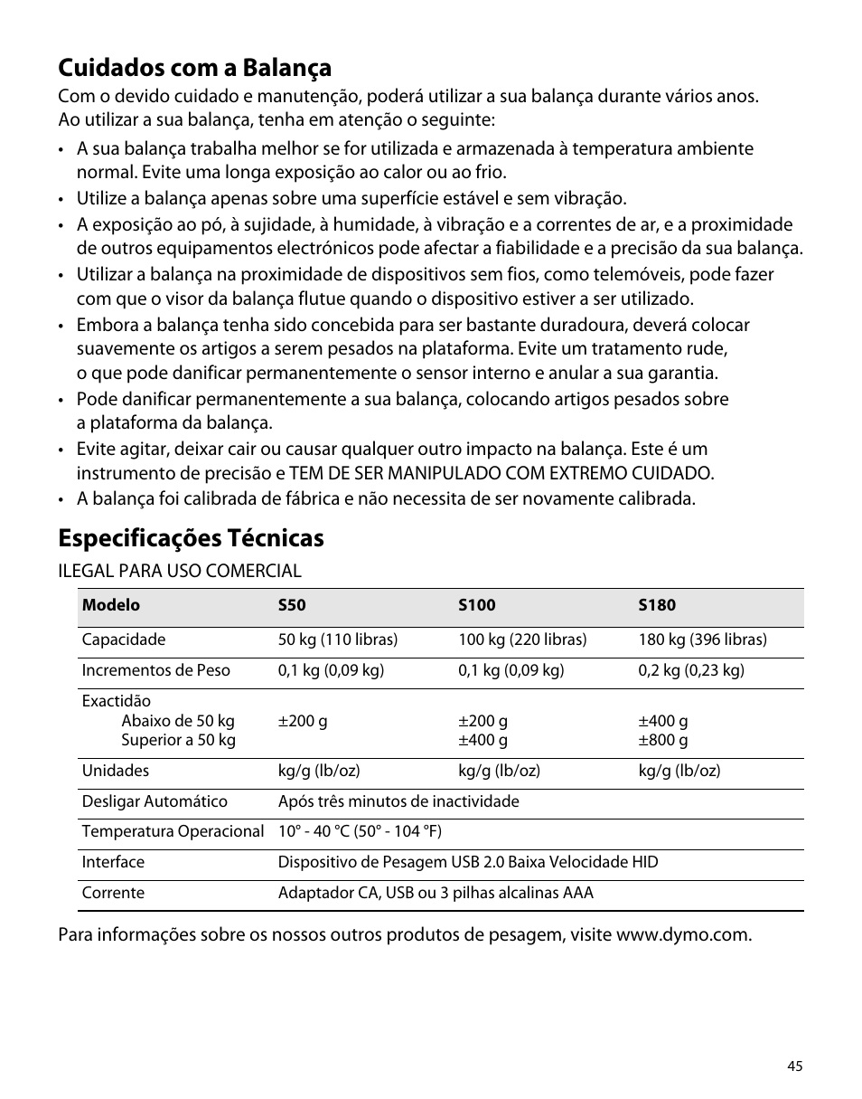 Cuidados com a balança, Especificações técnicas | Dymo S50 User Manual | Page 49 / 134