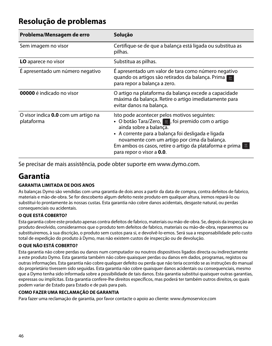 Resolução de problemas, Garantia | Dymo S50 User Manual | Page 50 / 134