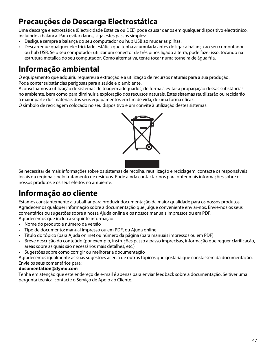 Precauções de descarga electrostática, Informação ambiental, Informação ao cliente | Dymo S50 User Manual | Page 51 / 134