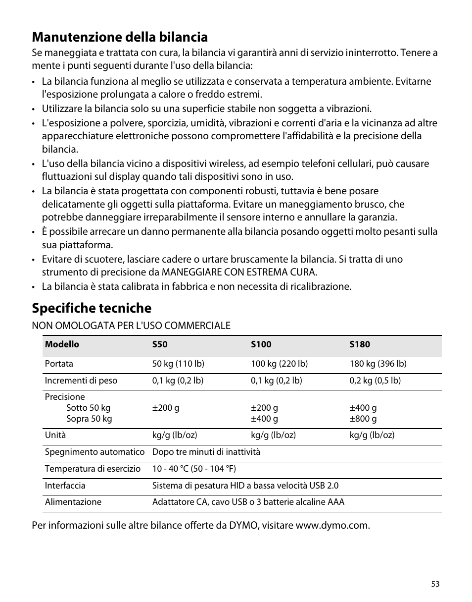 Manutenzione della bilancia, Specifiche tecniche | Dymo S50 User Manual | Page 57 / 134