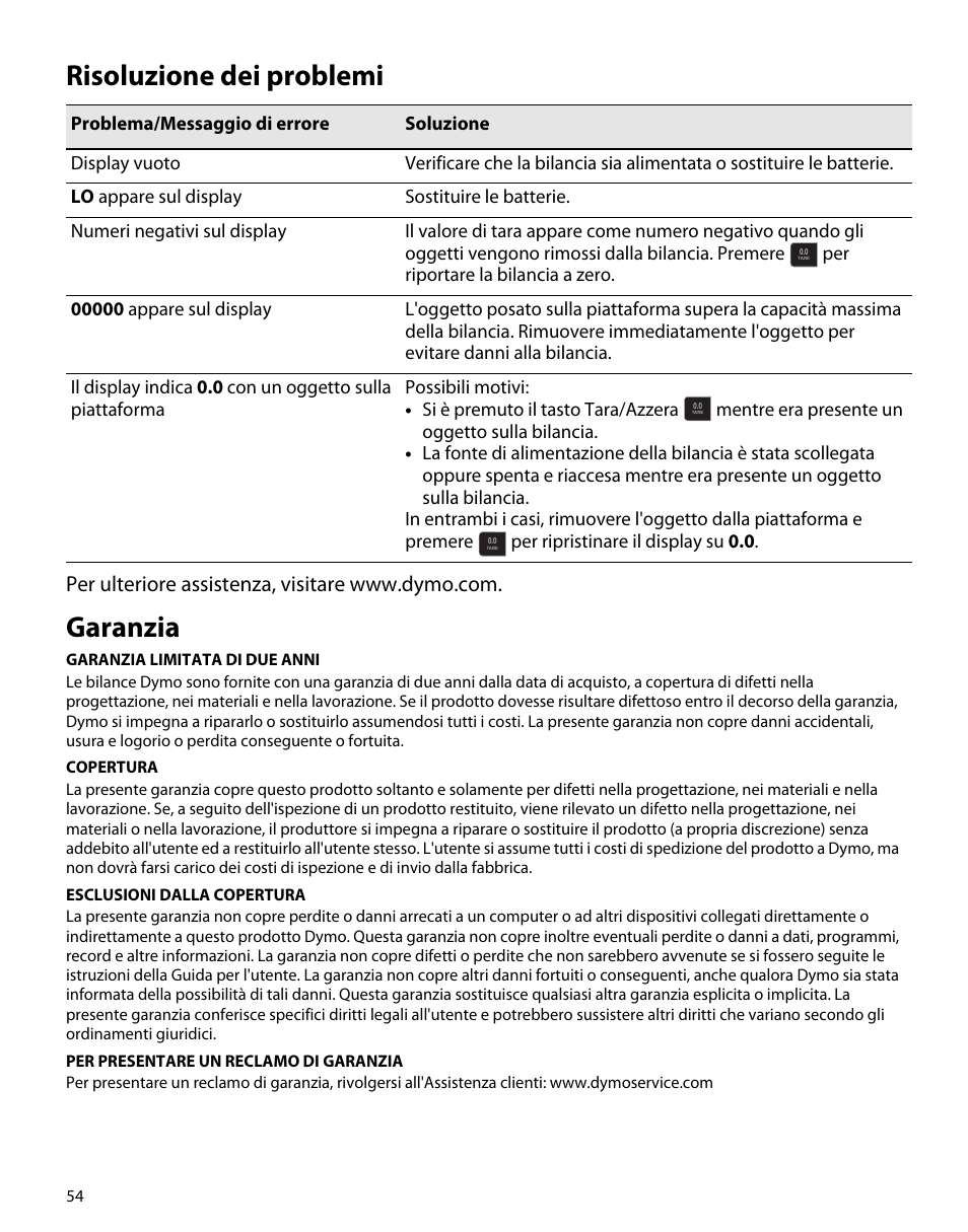 Risoluzione dei problemi, Garanzia | Dymo S50 User Manual | Page 58 / 134