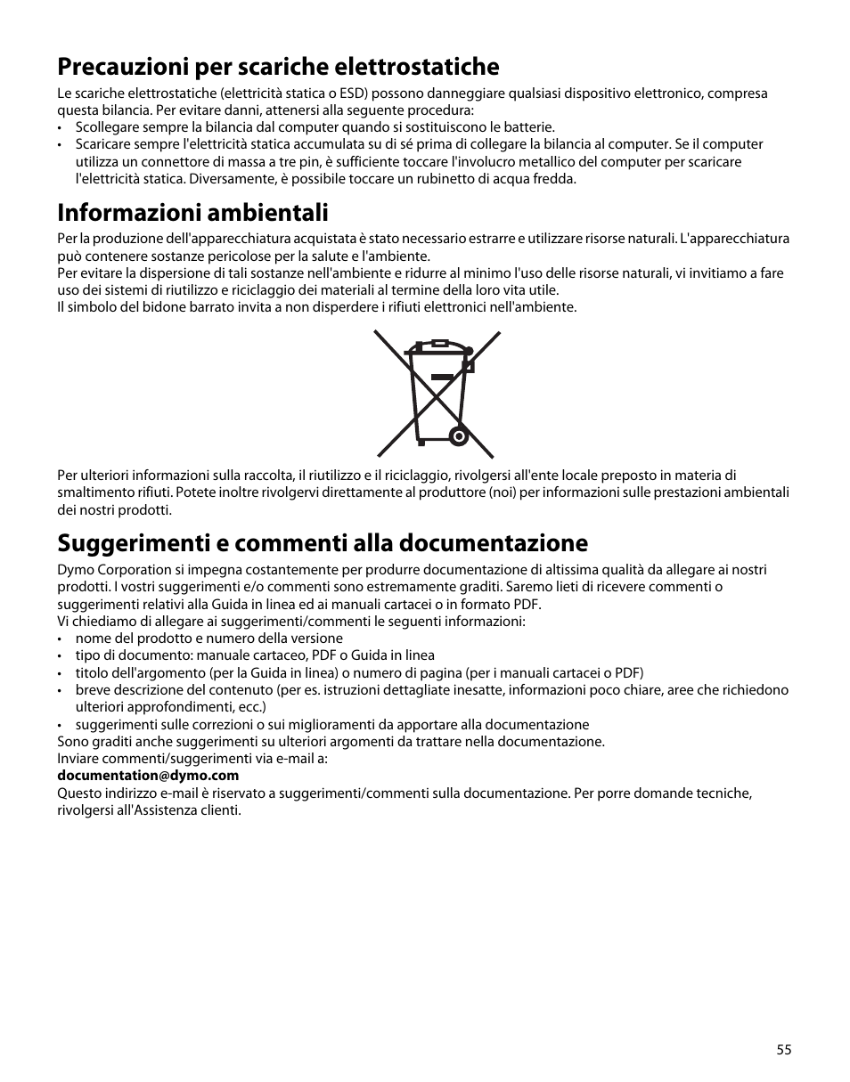 Precauzioni per scariche elettrostatiche, Informazioni ambientali, Suggerimenti e commenti alla documentazione | Dymo S50 User Manual | Page 59 / 134