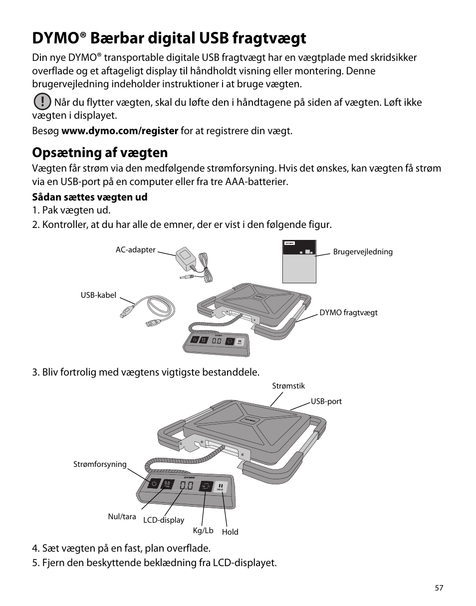 Dymo® bærbar digital usb fragtvægt, Opsætning af vægten | Dymo S50 User Manual | Page 61 / 134