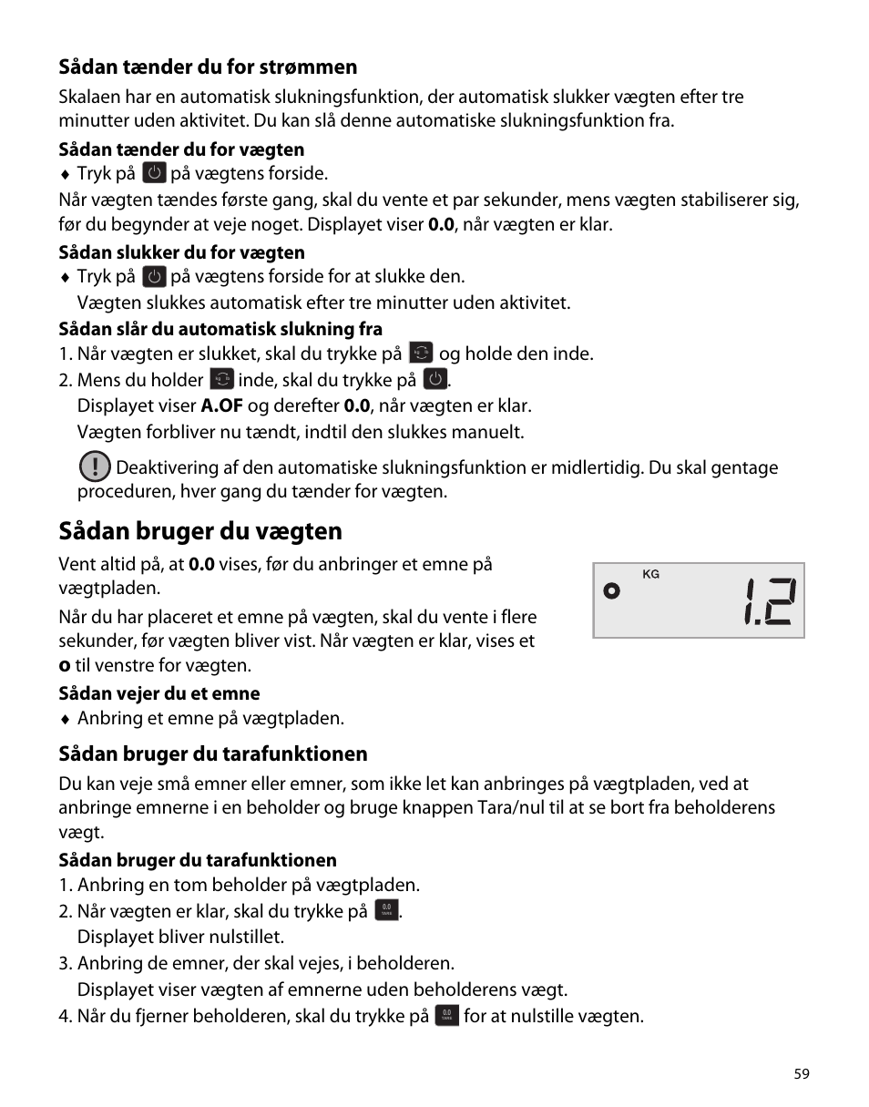 Sådan tænder du for strømmen, Sådan bruger du vægten, Sådan bruger du tarafunktionen | Dymo S50 User Manual | Page 63 / 134